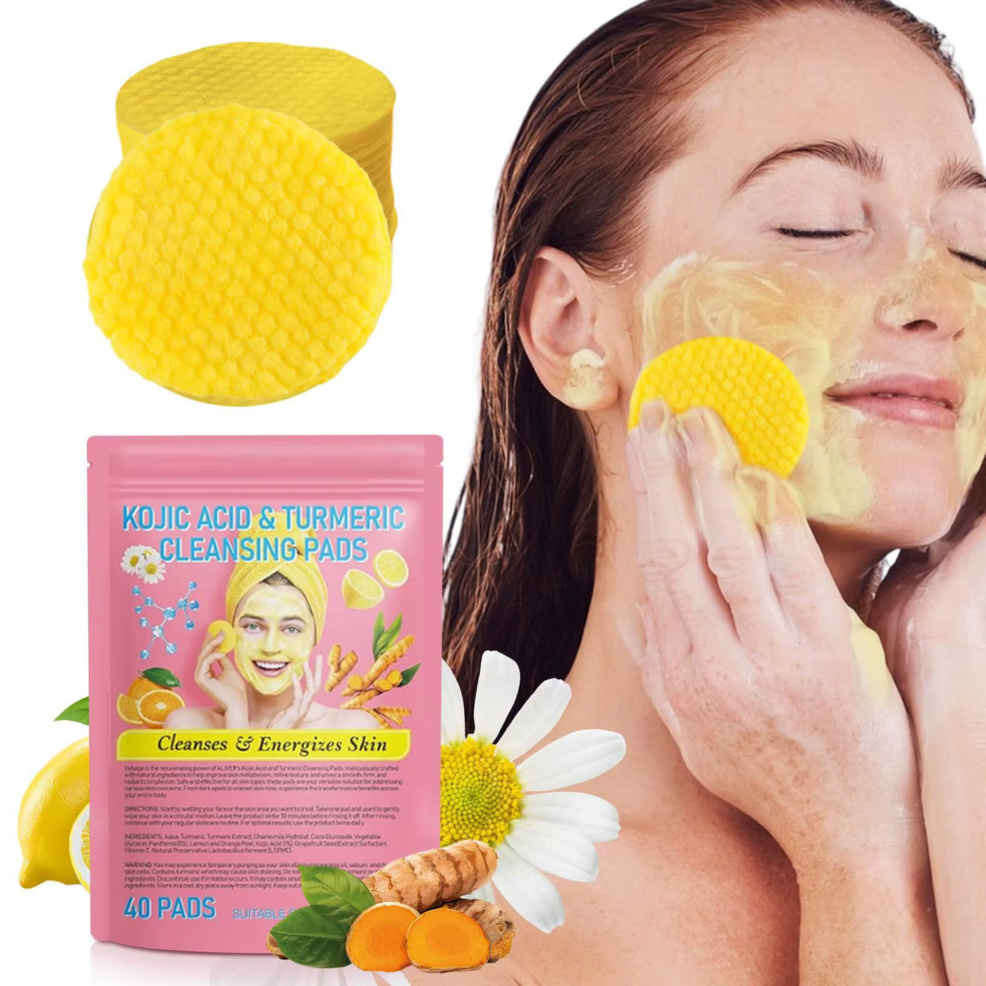 120PCS Face Cleansing Sponge Professional Turmeric Kojic Acid Facial Cleansing Pads for Removing Dead Skin Skin Exfoliating